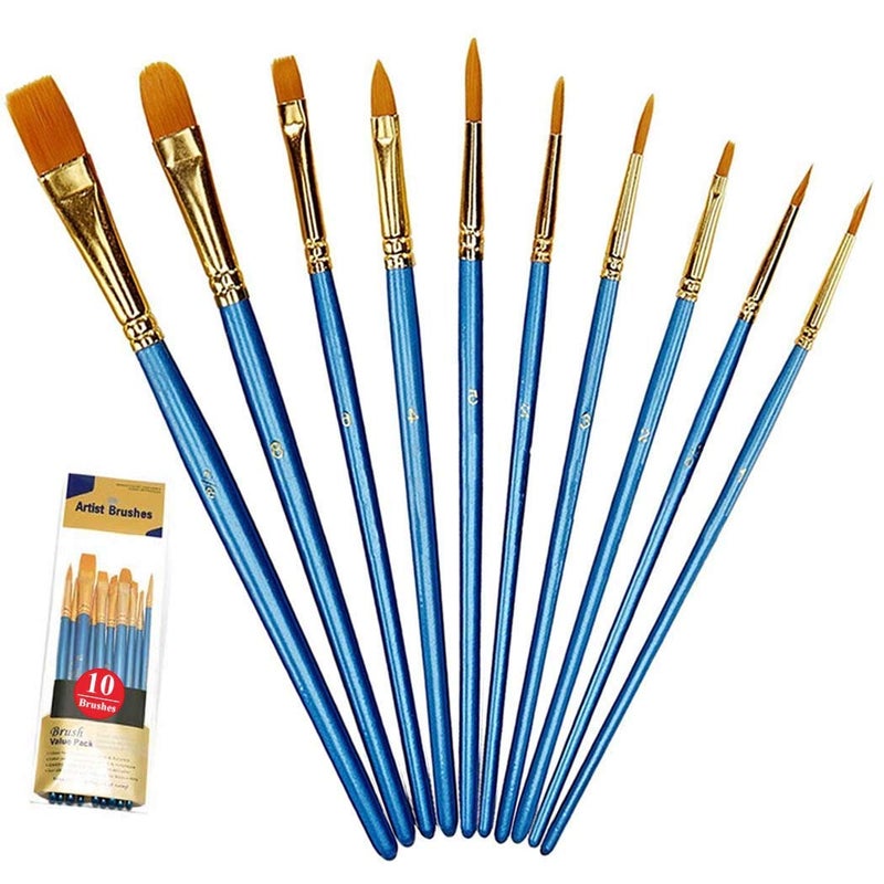 Xubox Paint Brushes Set, 10 Pieces Round Pointed Tip Nylon Hair Artist Acrylic Paintbrushes, Paint Brushes for Acrylic Painting Oil Watercolor Face Nail Body Art Craft, Miniature & Rock Painting, Blue - Image 1